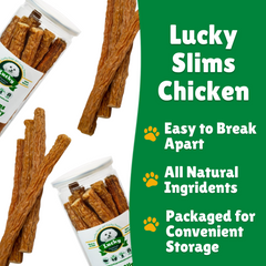 Lucky Slims Chicken Jerky facts + easy to break + all natural + convenient packaging 