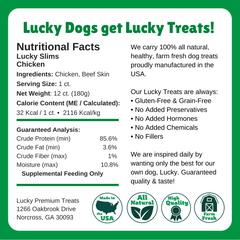  Nutritional Facts + Lucky slims chicken jery + All Natural + No chemicals + No added hormones + No fillers 