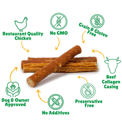 No GMO + Grain & Gluten free + Preservative Free + No additives + Quality Chicken + Beef Collagen Casing