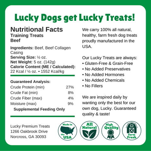 Nutritional Facts + Training Treats + All Natural + No chemicals + No added hormones + No fillers