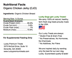 Lucky Premium Treats Dog Treats - Organic Chicken Jerky Fillets, Nutrition Label