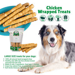 Chicken Wrapped Rawhide Bull Stick Dog Treats for Large Dogs, infographic