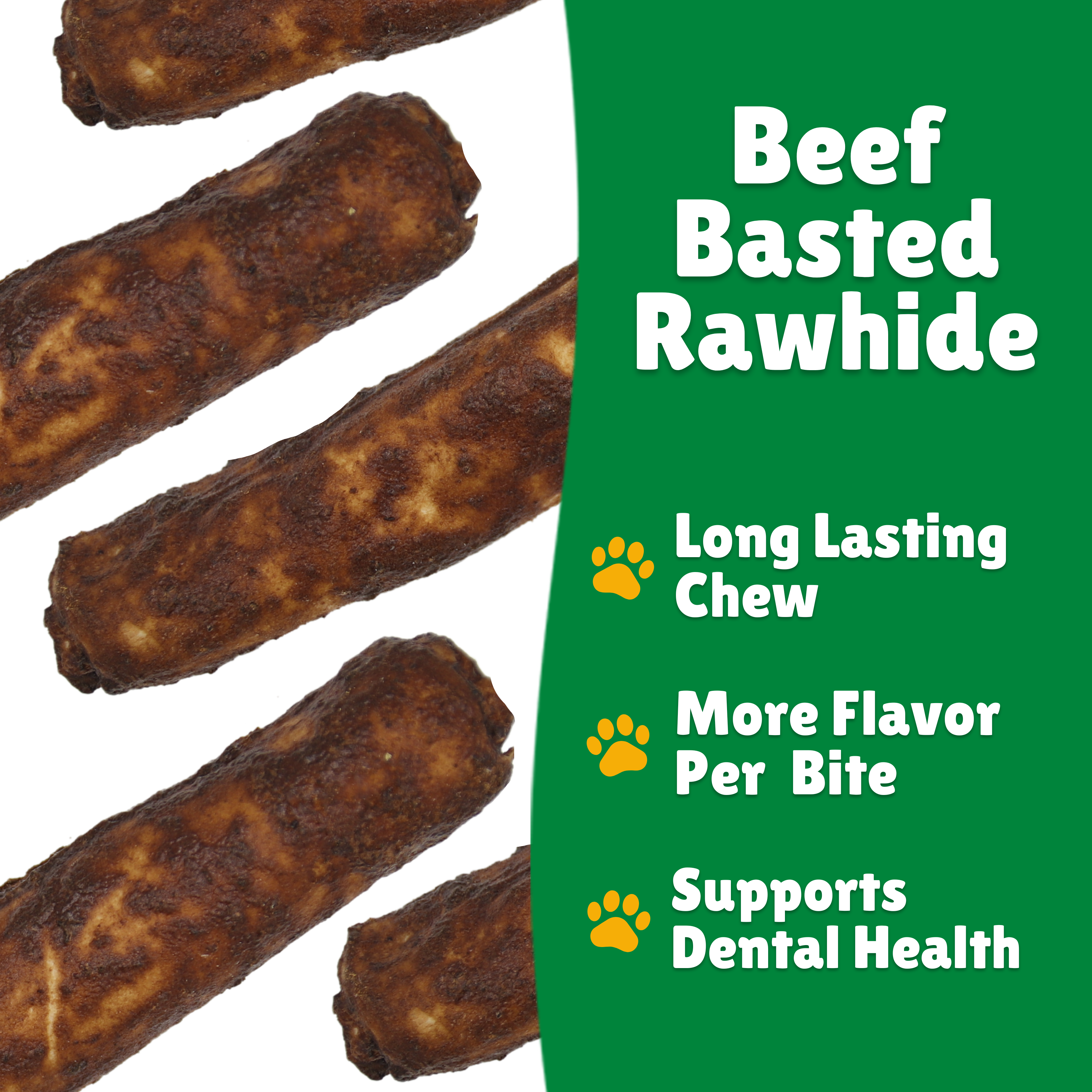 Beef Basted Beefhide + Beefhide facts + Long lasting + Per bite + Dental Health