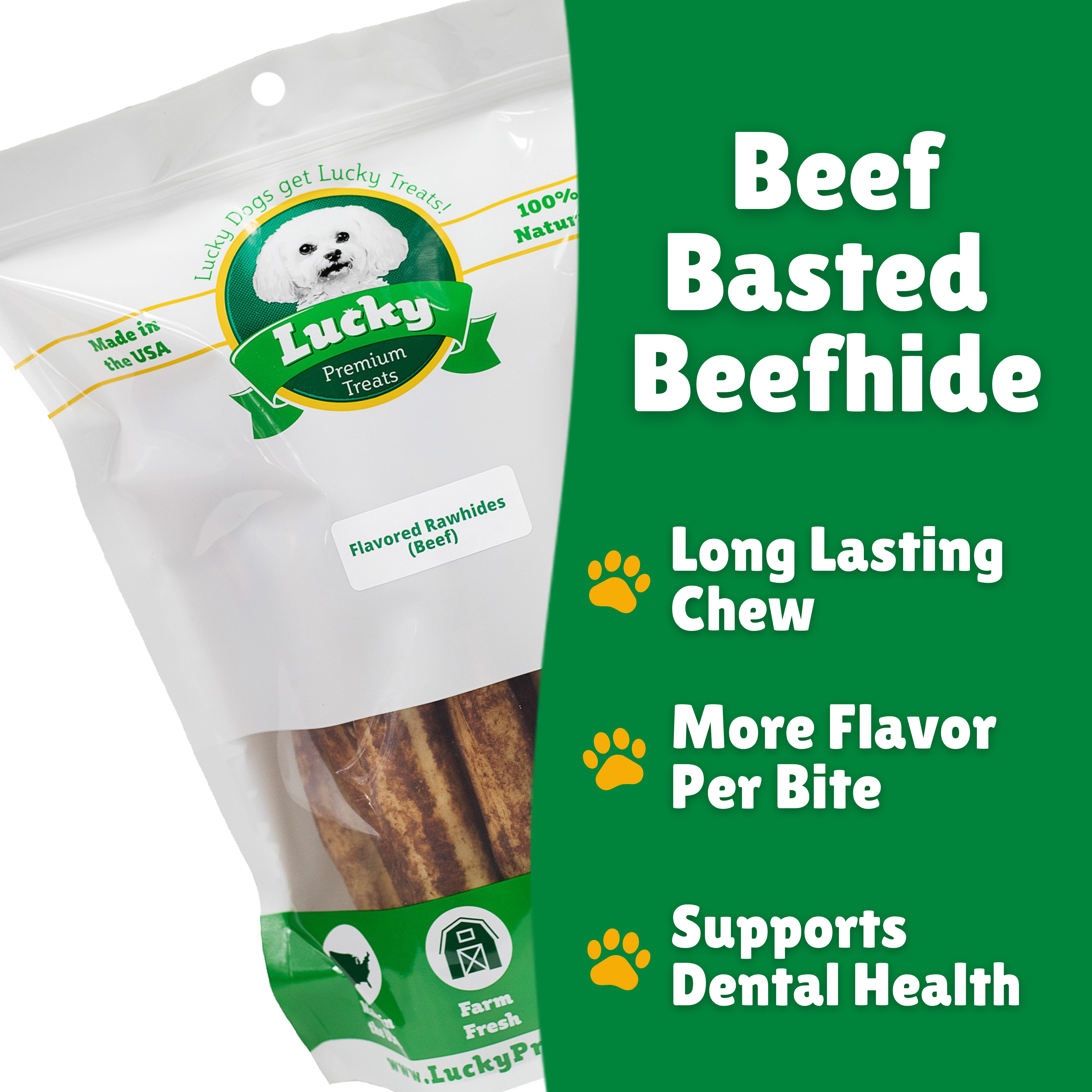 Beef Basted Beefhide + Beefhide facts + Long lasting + Per bite + Dental Health