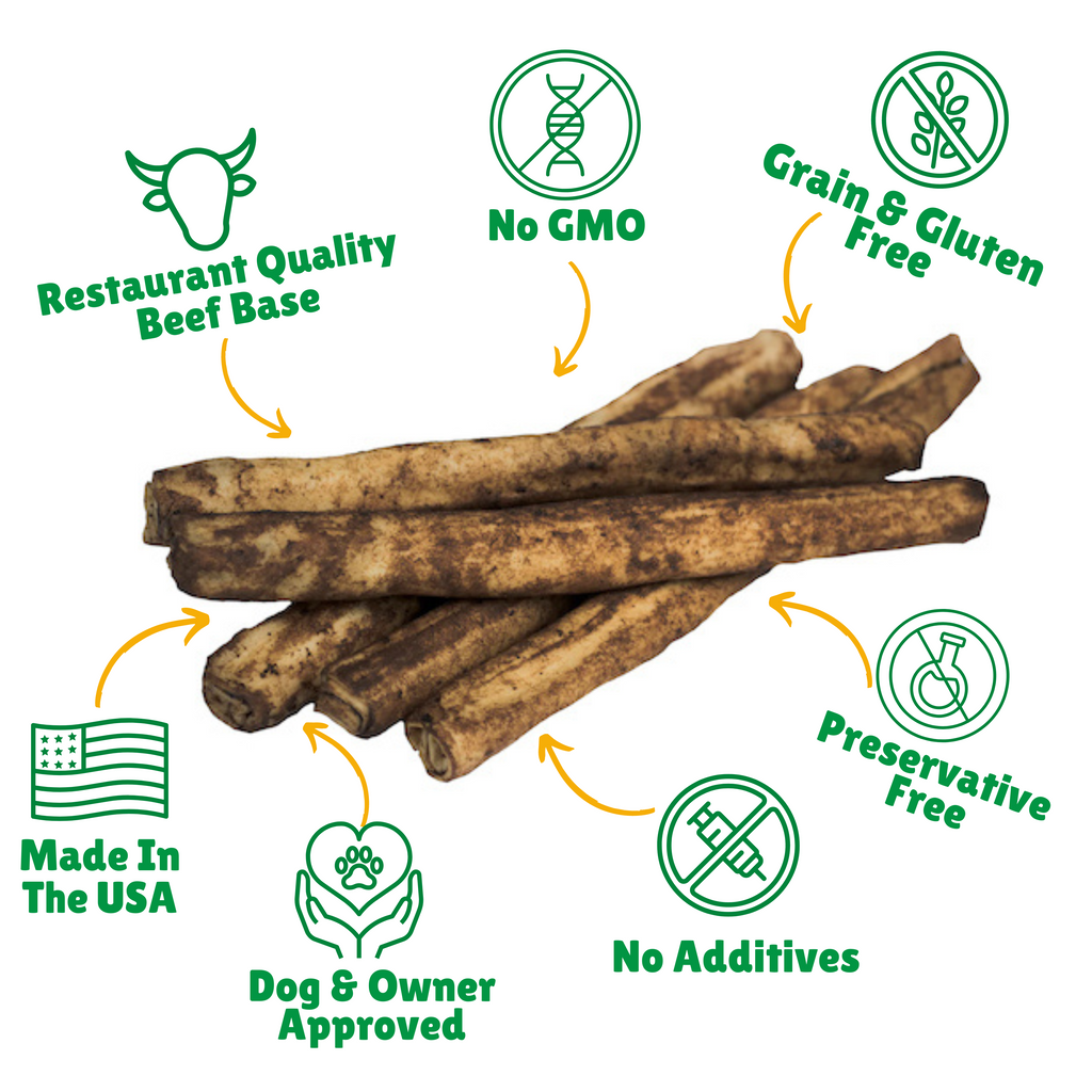 No GMO + Grain & Gluten free + Preservative Free + No additives + Chemical Free Beef Skin + Hand Wrapped 