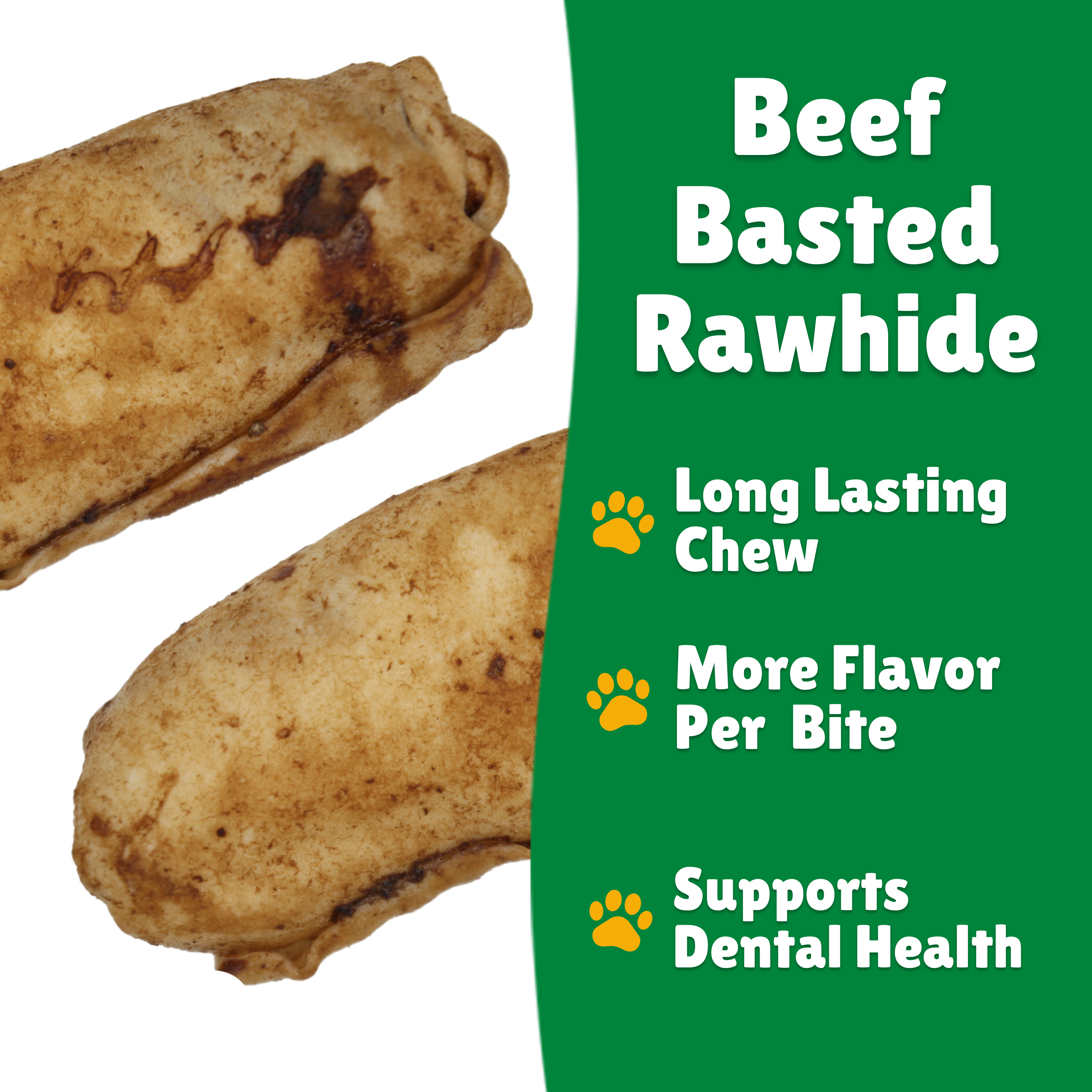Beef Basted Beefhide + Beefhide facts + Long lasting + Per bite + Dental Health