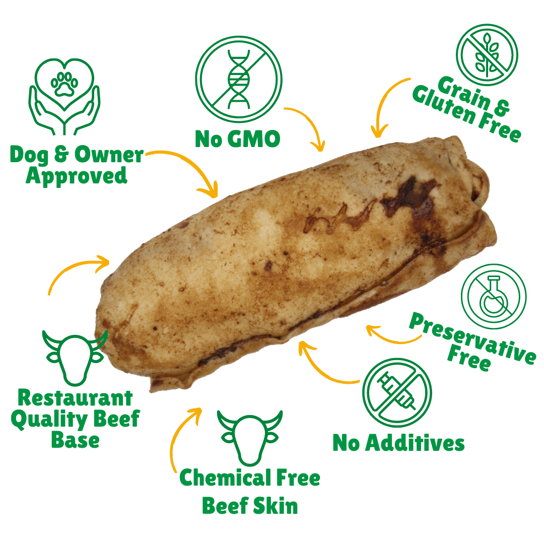 No GMO + Grain & Gluten free + Preservative Free + No additives + Chemical Free Beef Skin + Hand Wrapped 