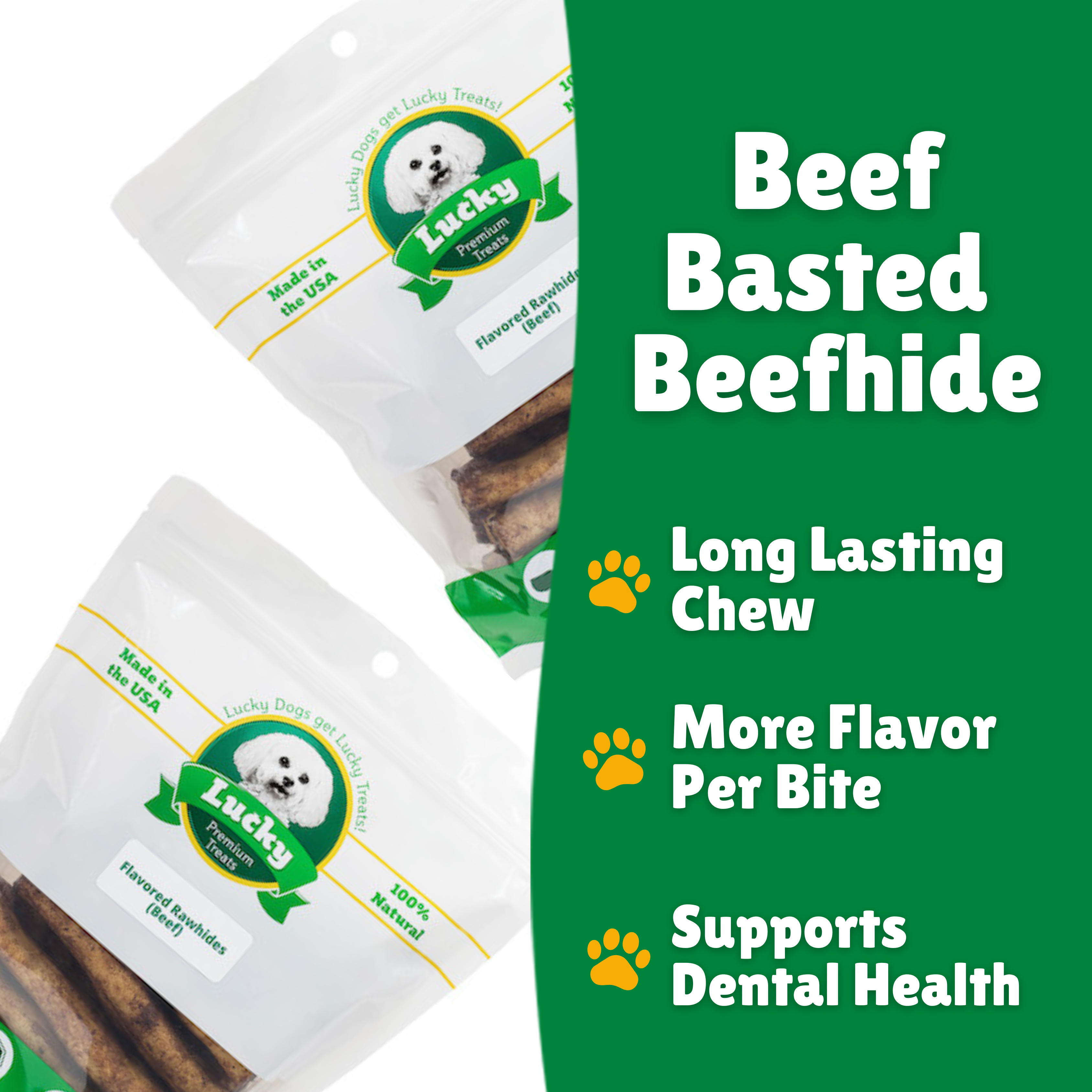 Beef Basted Beefhide + Beefhide facts + Long lasting + Per bite + Dental Health