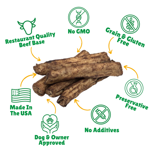 No GMO + Grain & Gluten free + Preservative Free + No additives + Chemical Free Beef Skin + Hand Wrapped 