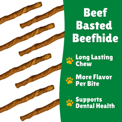Beef Basted Beefhide + Beefhide facts + Long lasting + Per bite + Dental Health