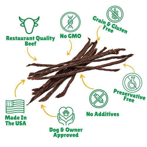  No GMO + Grain & Gluten free + Preservative Free + No Additives + Quality Beef + Single Ingredients + Dog & Owner Approved + Made in USA