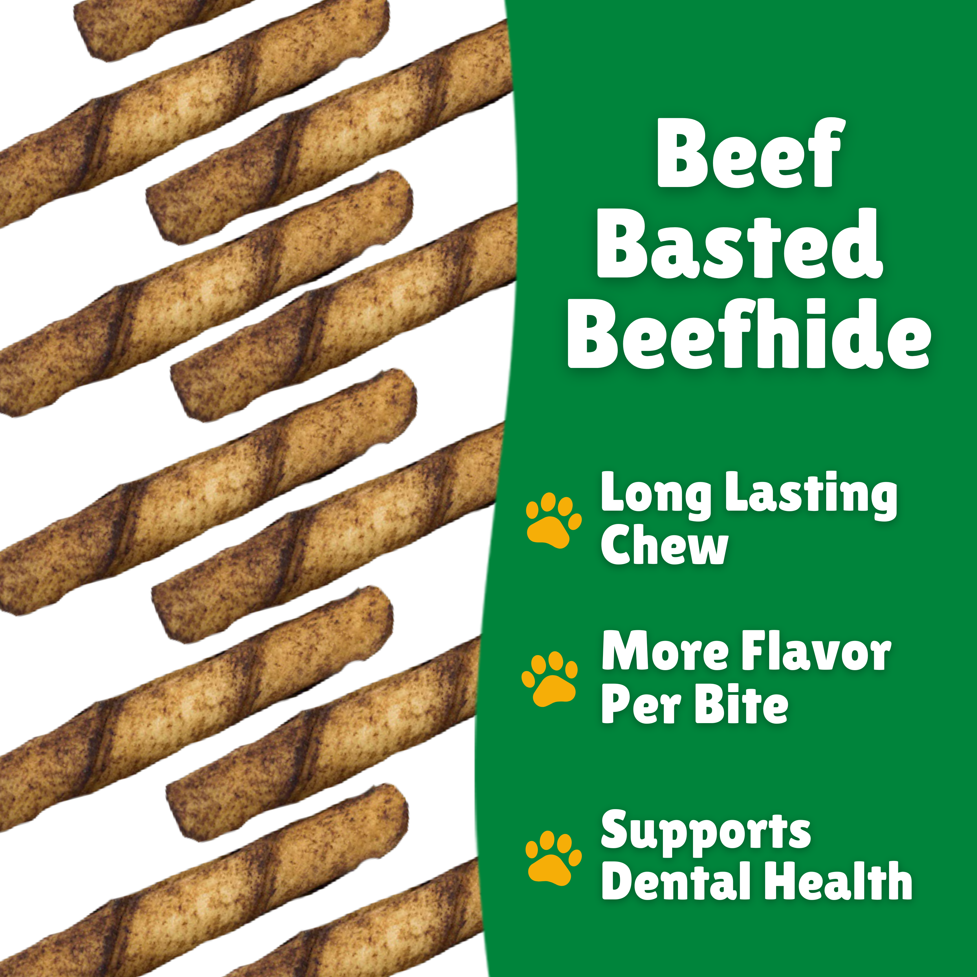 Beef Basted Beefhide + Beefhide facts + Long lasting + Per bite + Dental Health