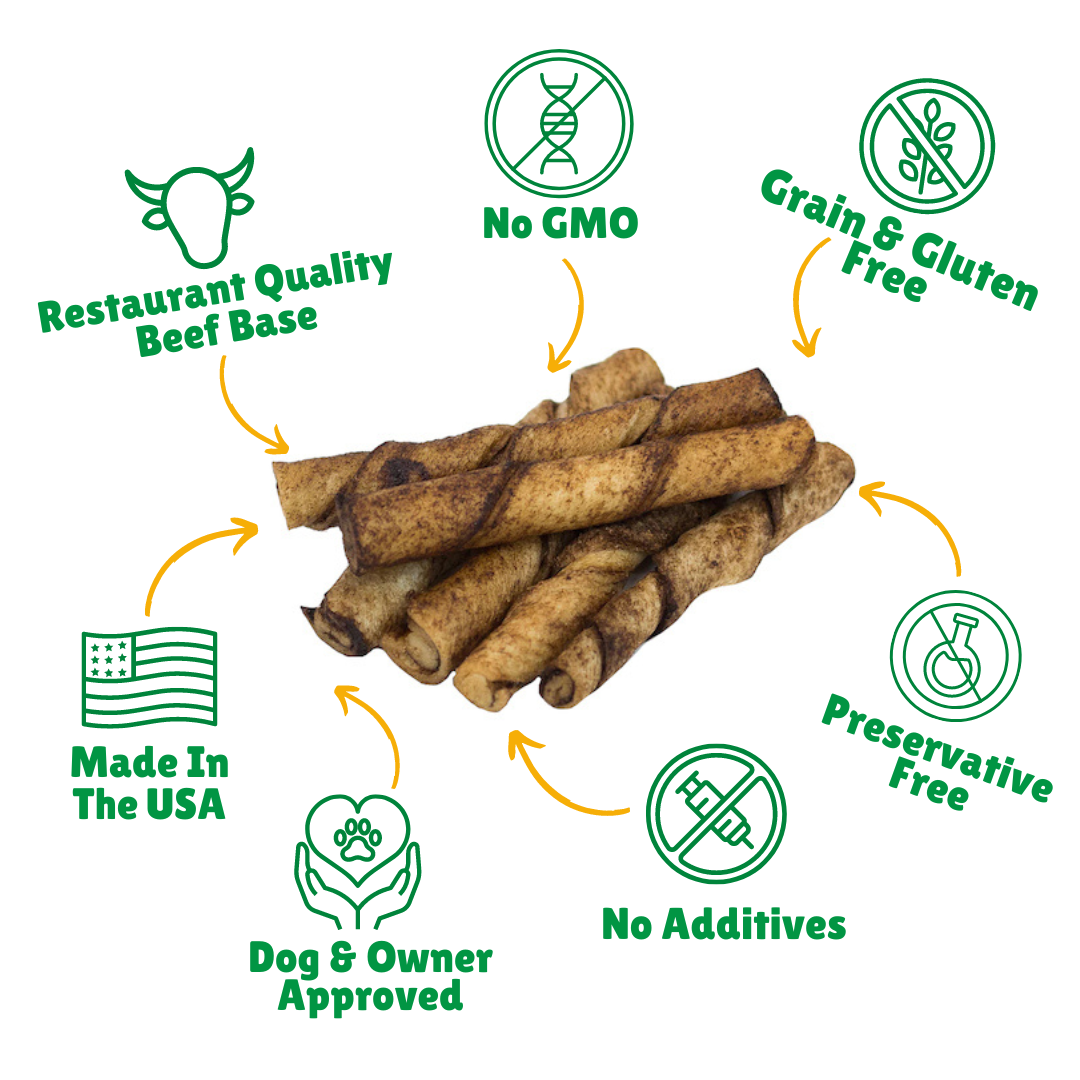 No GMO + Grain & Gluten free + Preservative Free + No additives + Chemical Free Beef Skin + Hand Wrapped 