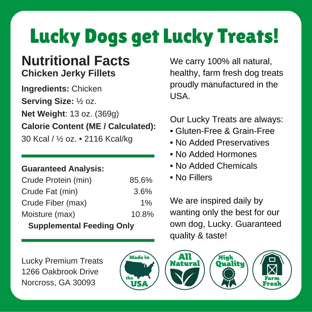Nutritional Facts + Chicken Jerky  + All Natural + No chemicals + No added hormones + No fillers 