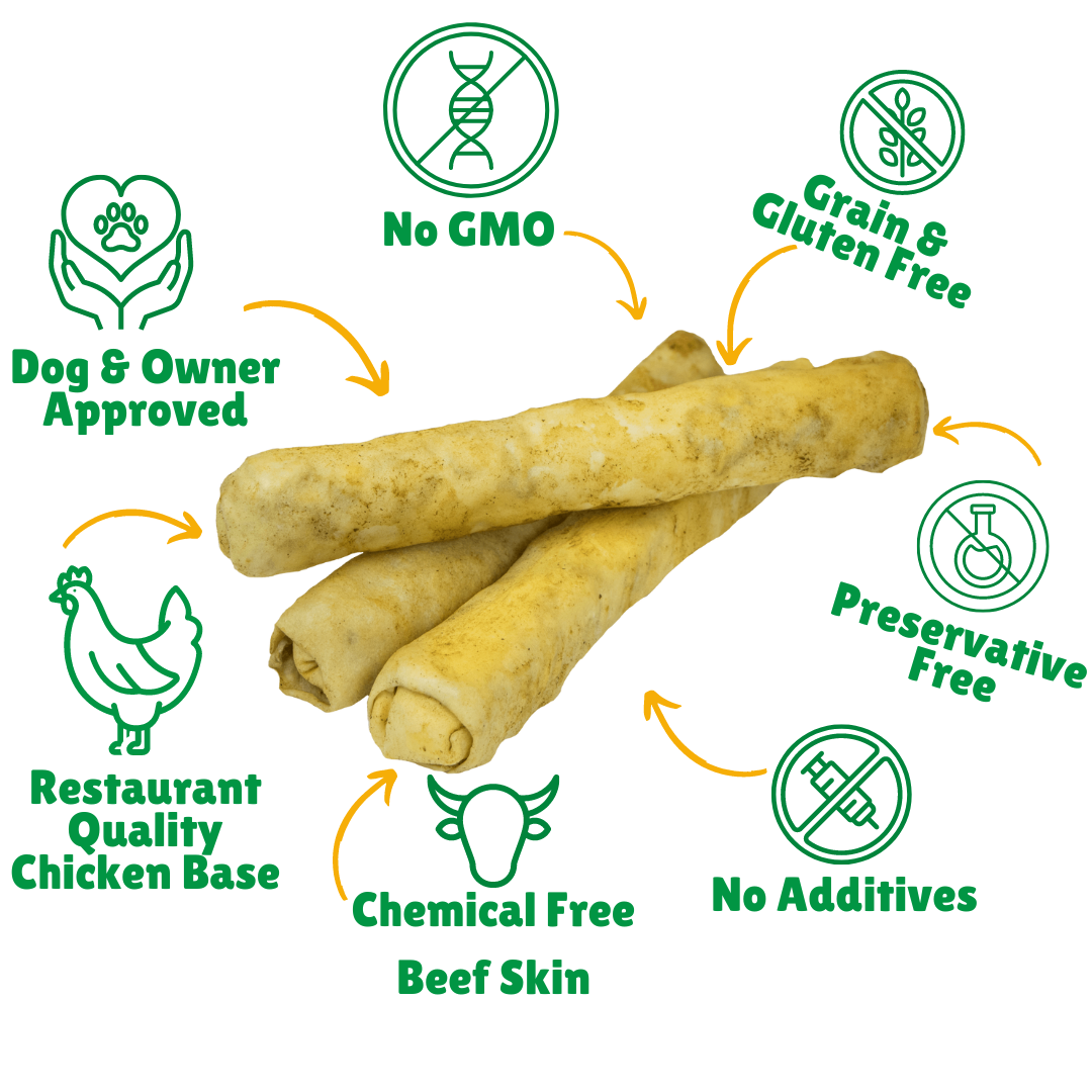 No GMO + Grain & Gluten free + Preservative Free + No additives + Chemical Free Beef Skin + Hand Wrapped 