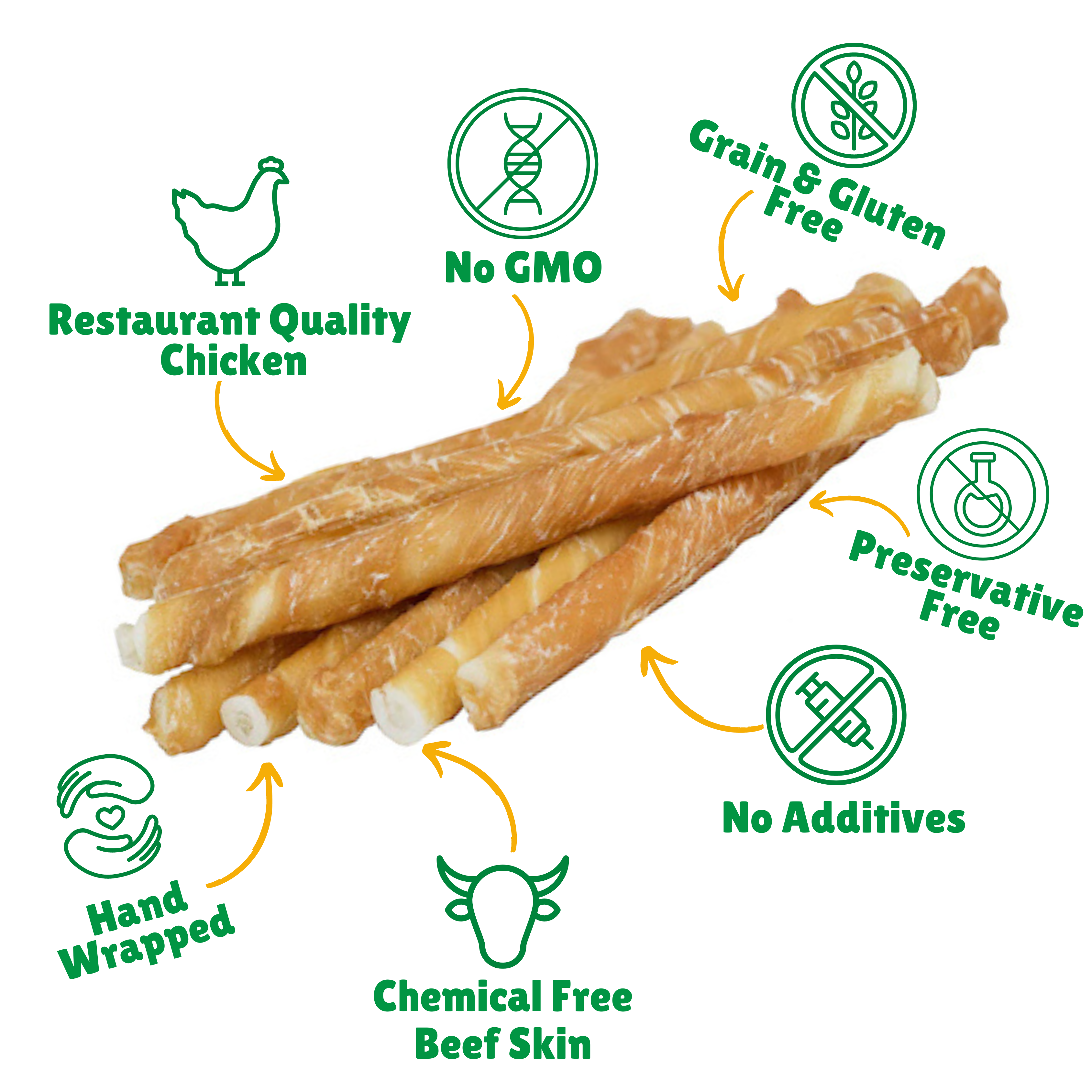 No GMO + Grain & Gluten free + Preservative Free + No additives + Chemical Free Beef Skin + Hand Wrapped 