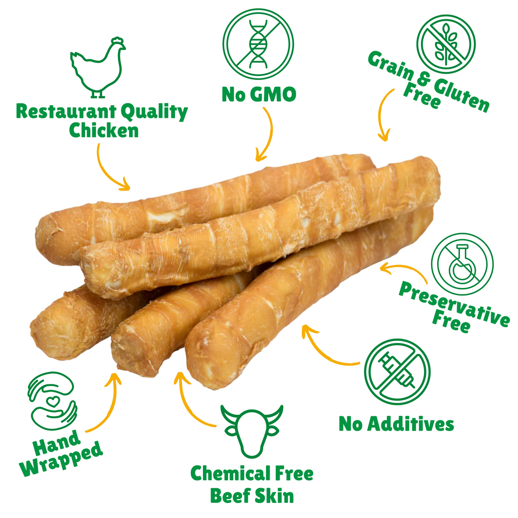 No GMO + Grain & Gluten free + Preservative Free + No additives + Chemical Free Beef Skin + Hand Wrapped