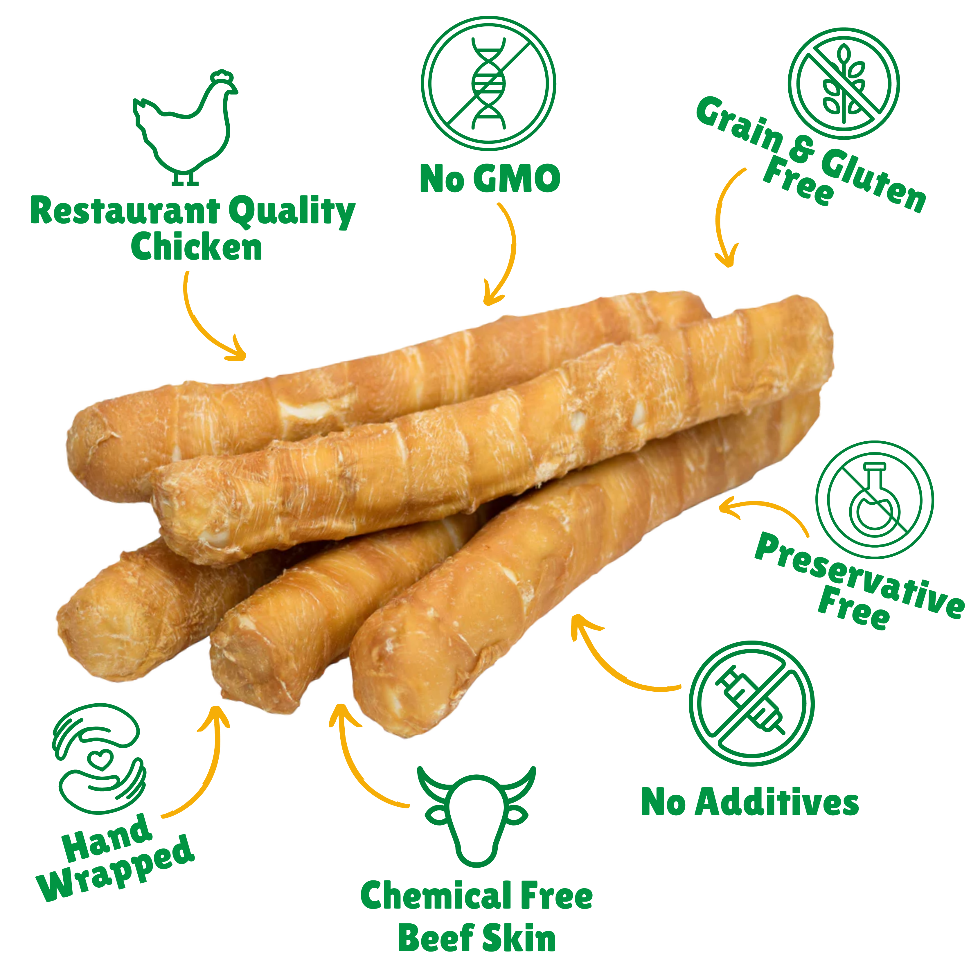 No GMO + Grain & Gluten free + Preservative Free + No additives + Chemical Free Beef Skin + Hand Wrapped