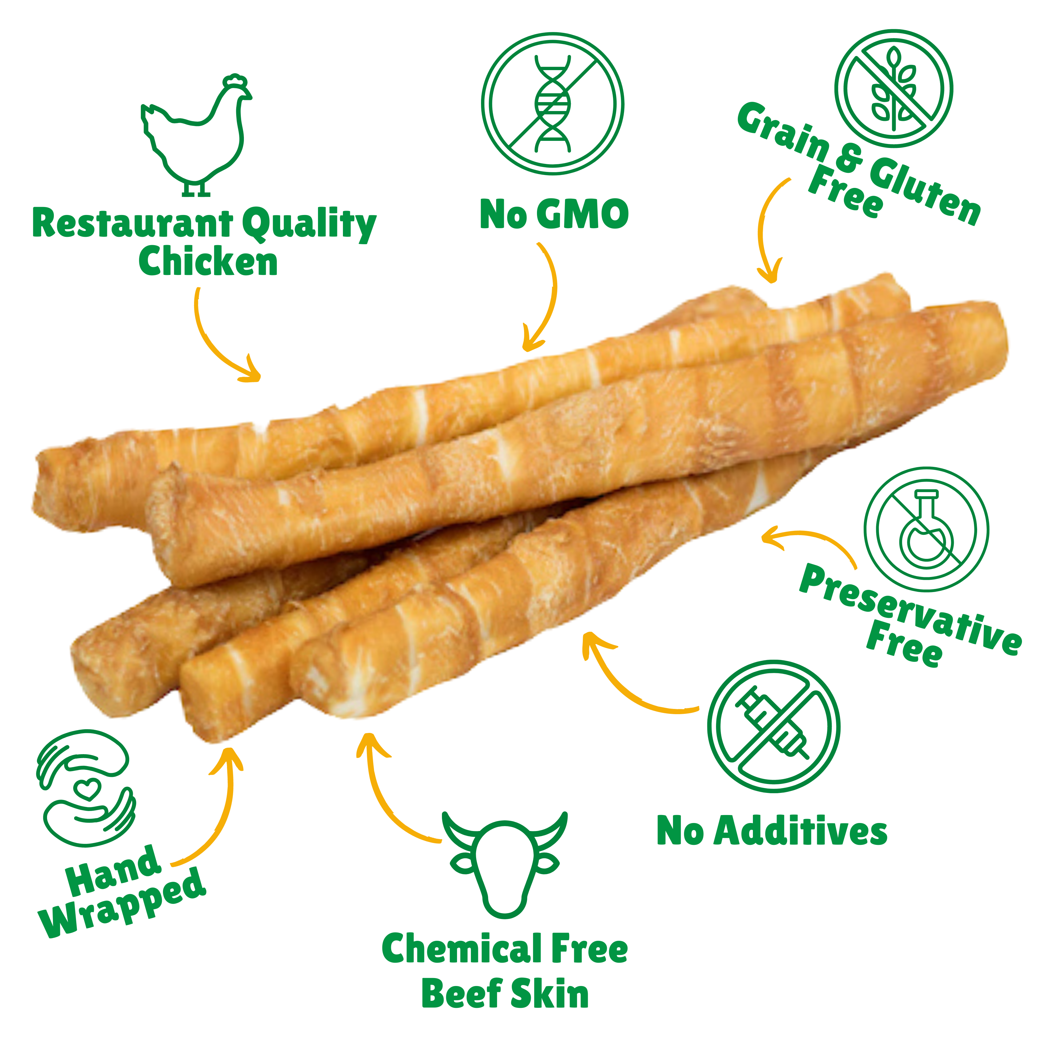 No GMO + Grain & Gluten free + Preservative Free + No additives + Chemical Free Beef Skin + Hand Wrapped 