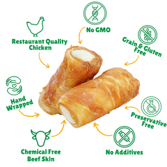 No GMO + Grain & Gluten free + Preservative Free + No additives + Chemical Free Beef Skin + Hand Wrapped 