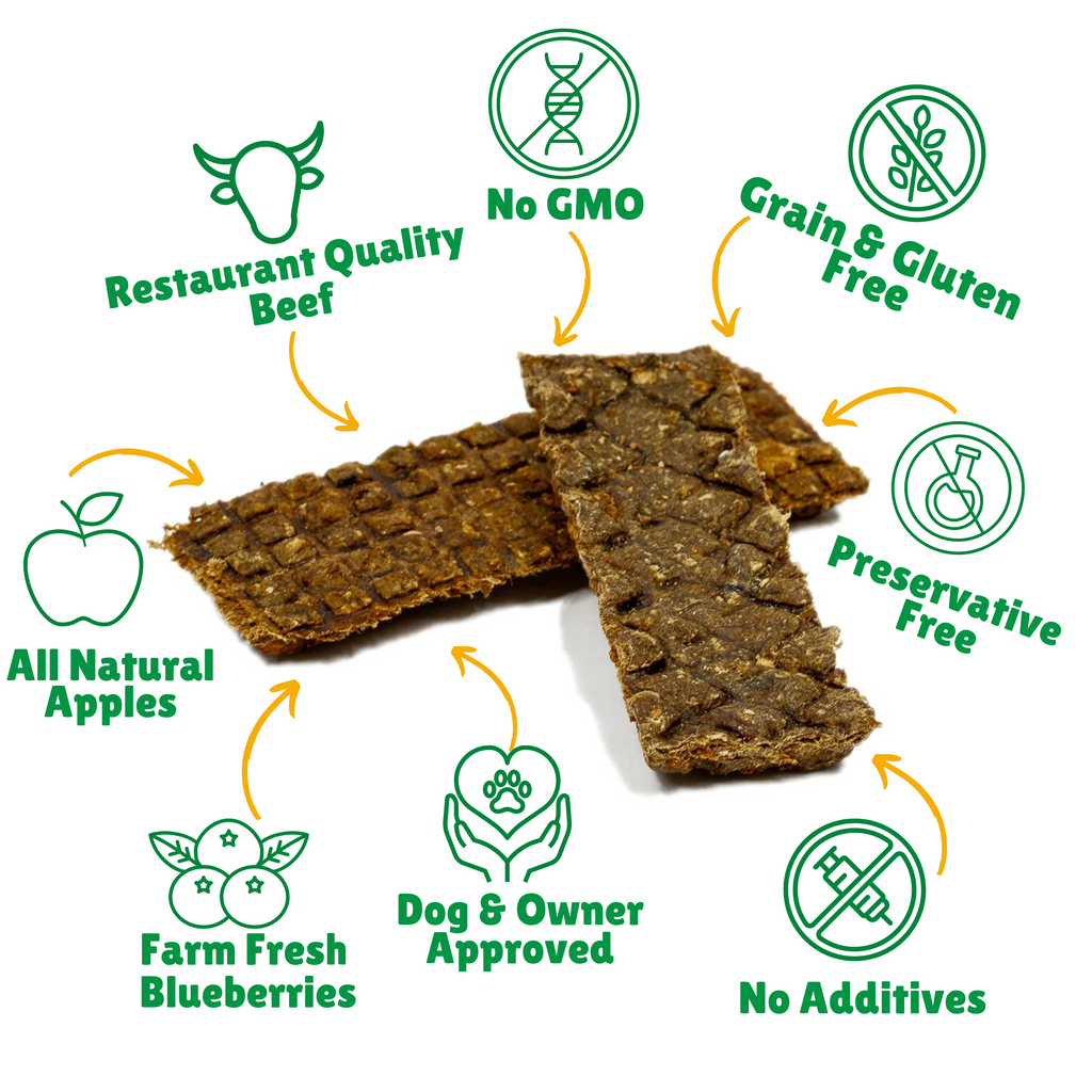 No GMO + Grain & Gluten Free + Preservative Free + No additives + Dog & Owner Approved + Farm Fresh Blueberries + All Natural Apples + Quality Beef 
