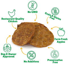 No GMO + Grain & Gluten free + Preservative Free + No additives + Quality Chicken + Fresh Apples + Dog & Owner Approved