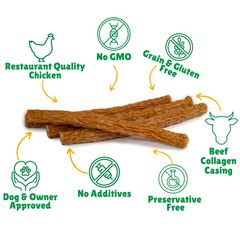 No GMO + Grain & Gluten free + Preservative Free + No additives + Quality Chicken + Beef Collagen Casing