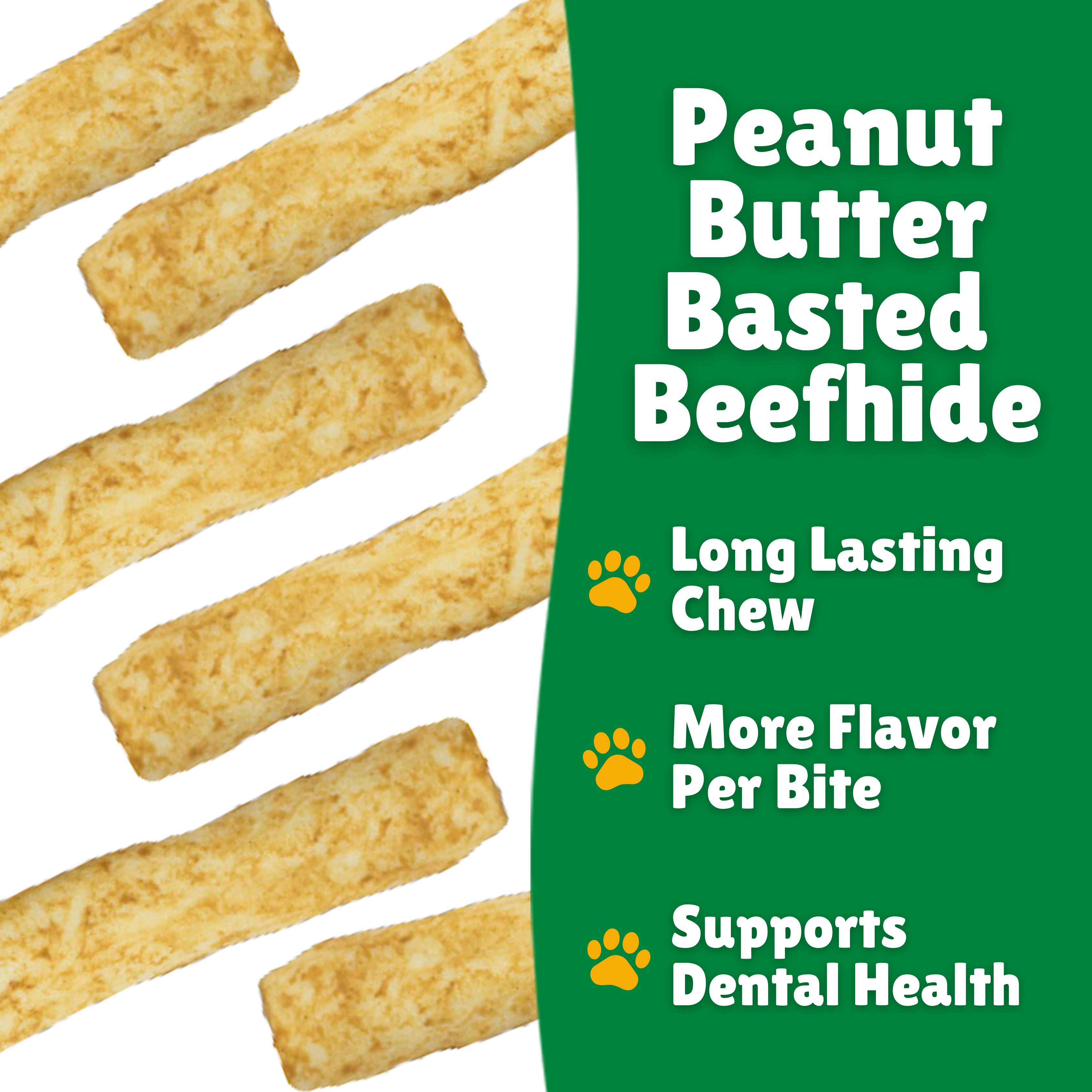 Beef Basted Beefhide + Beefhide facts + Long lasting + Per bite + Dental Health