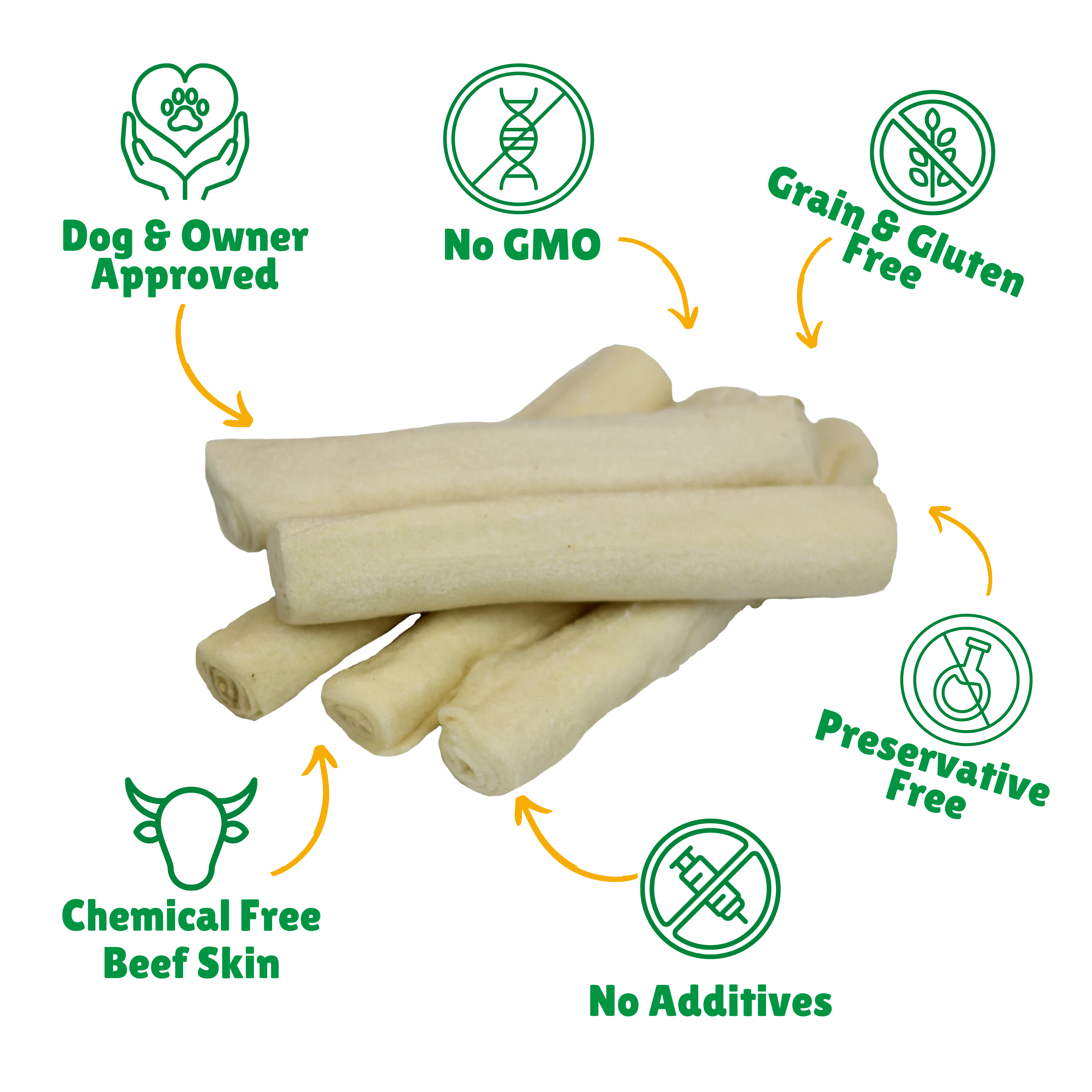 No GMO + Grain & Gluten free + Preservative Free + No additives + Chemical Free Beef Skin + Hand Wrapped 