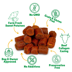  No GMO + Grain & Gluten free + Preservative Free + No Additives + Fresh Sweet Potato + Single Ingredients + Dog & Owner Approved + Made in USA + Beef Collagen Casing 