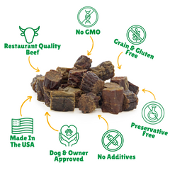 No GMO- Grain & Gluten Free + Dog & Owner Approved + No Additives + Preservative Free + Quality Beef + Made in USA