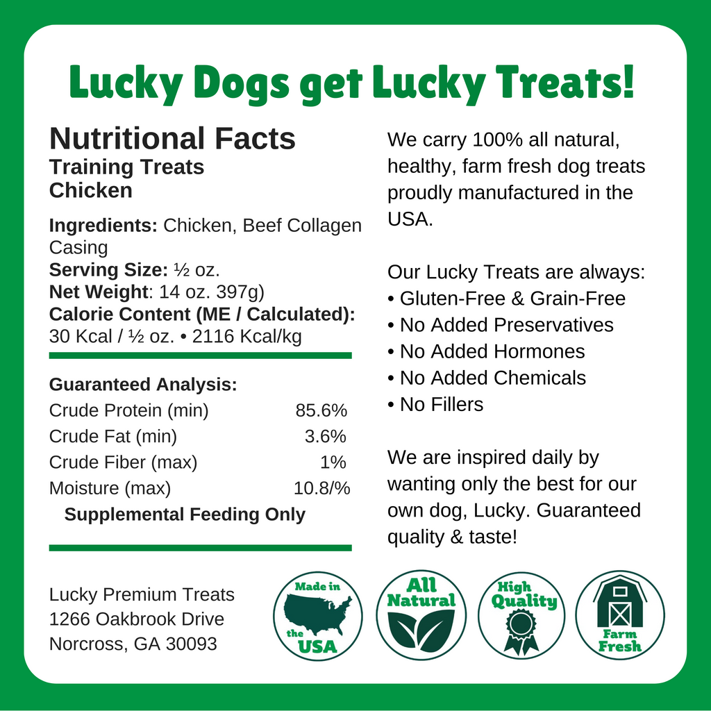 Nutritional Facts + Training Treats + All Natural + No chemicals + No added hormones + No fillers