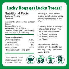 Nutritional Facts + Training Treats + All Natural + No chemicals + No added hormones + No fillers