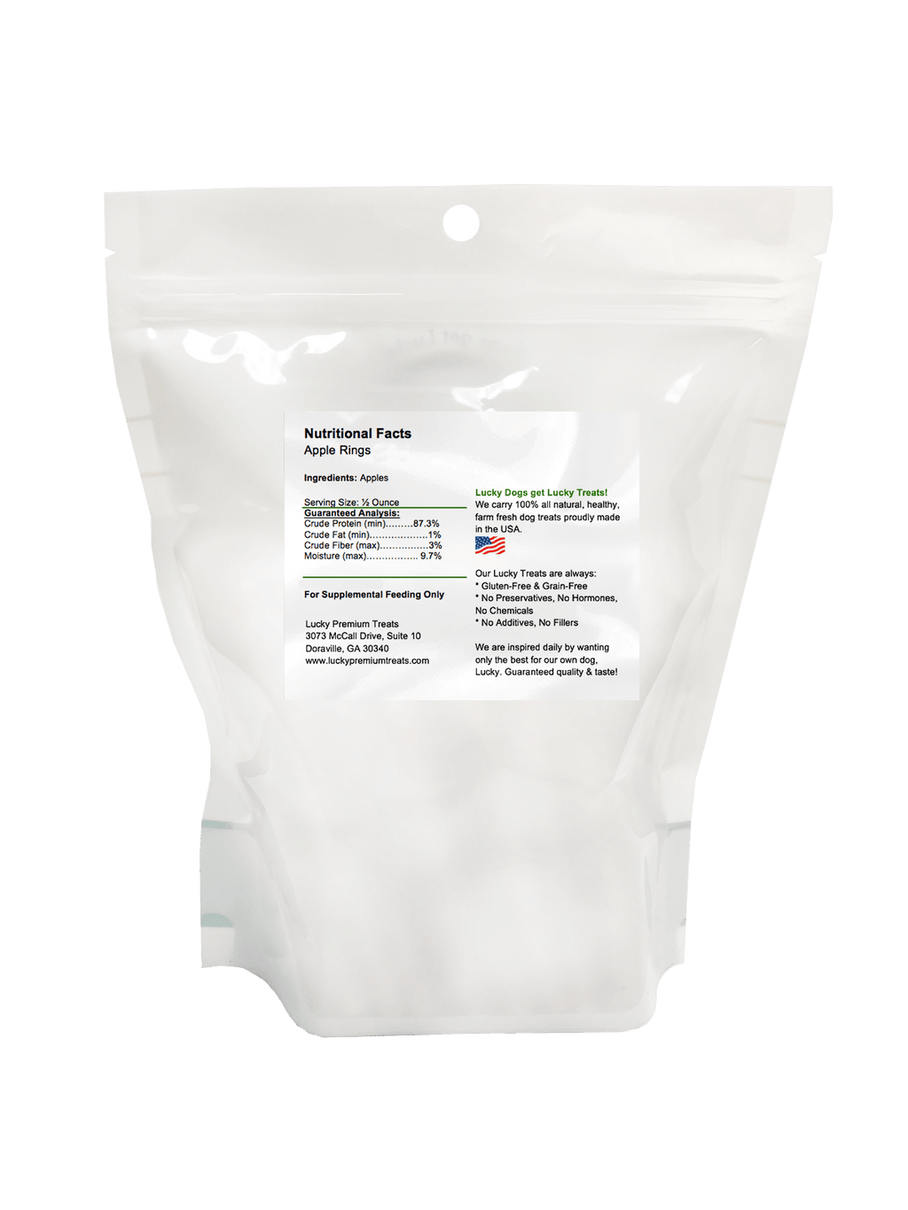 Lucky Premium Treats Apple Rings Dog Treats, Back of Bag