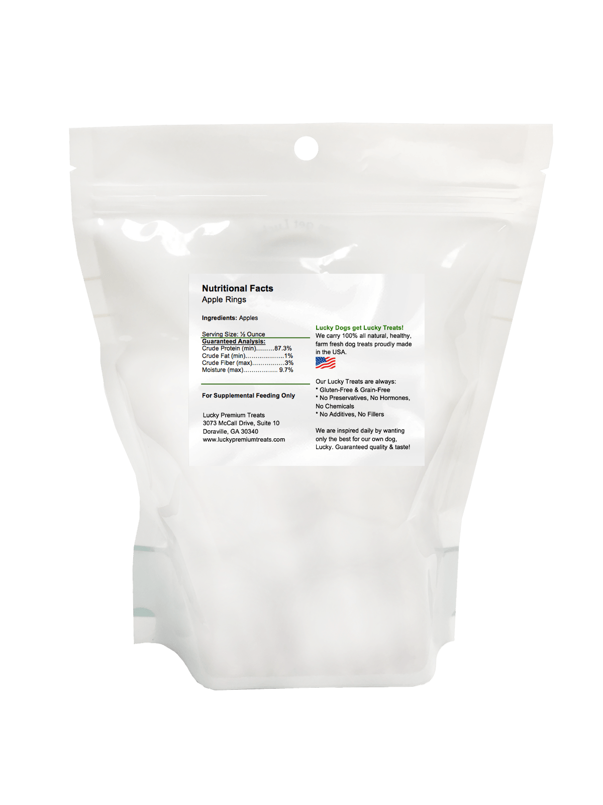 Lucky Premium Treats Apple Rings Dog Treats, Back of Bag