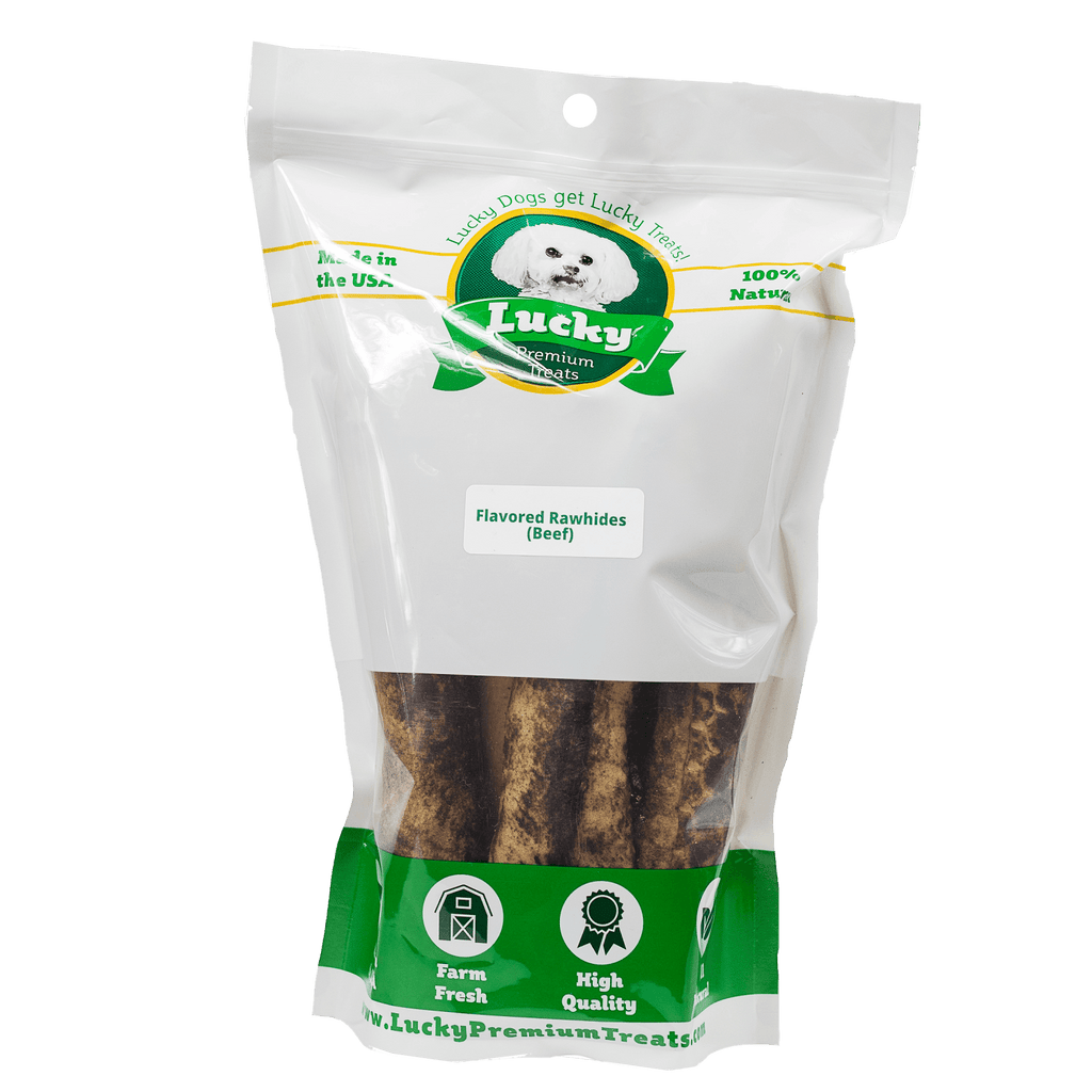Lucky Premium Treats Beef Flavor Basted Rawhide Bull Stick Dog Treats for Large Dogs, Bag