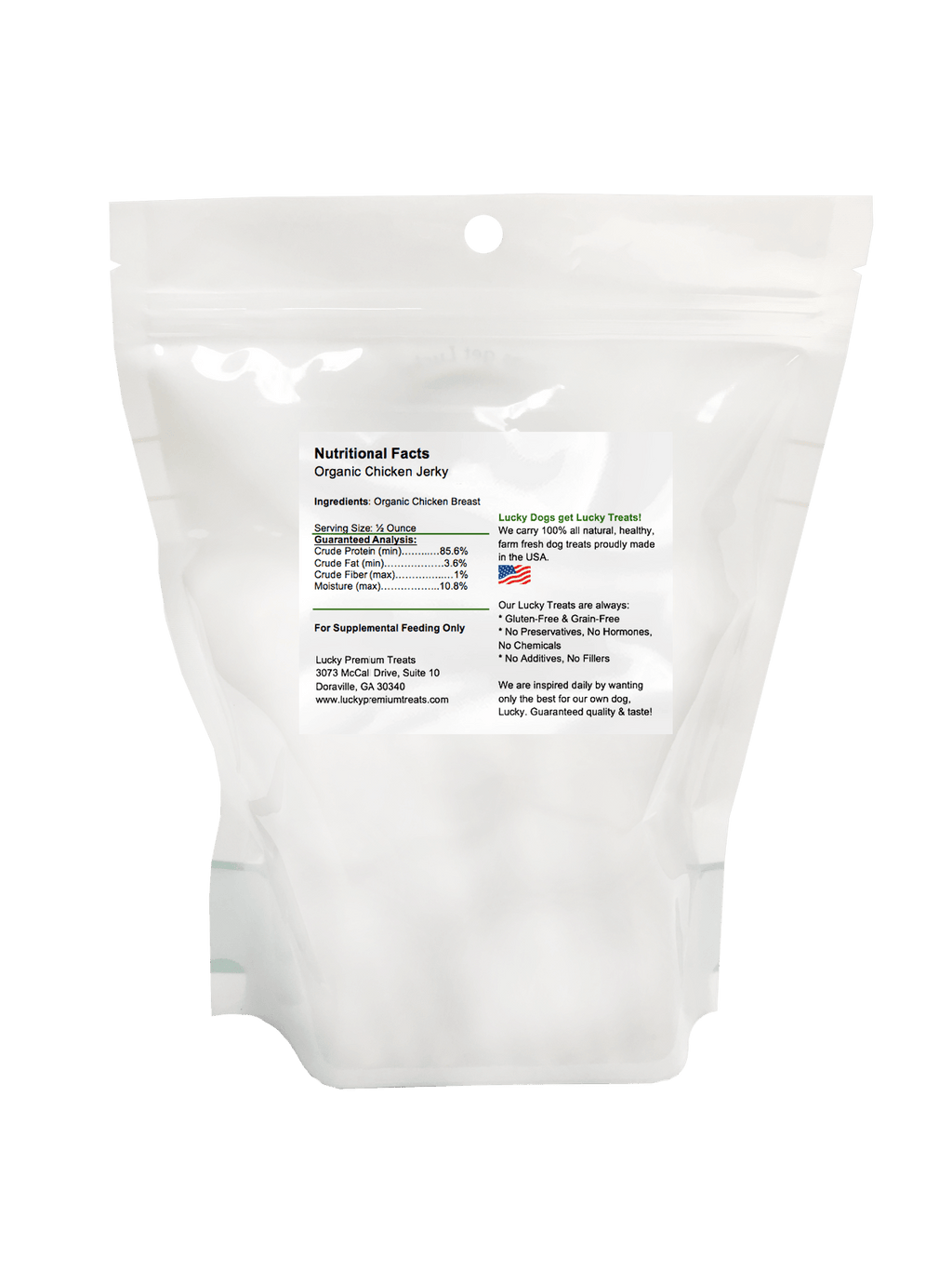 Lucky Premium Treats Dog Treats - Organic Chicken Jerky Fillets, Back of Bag