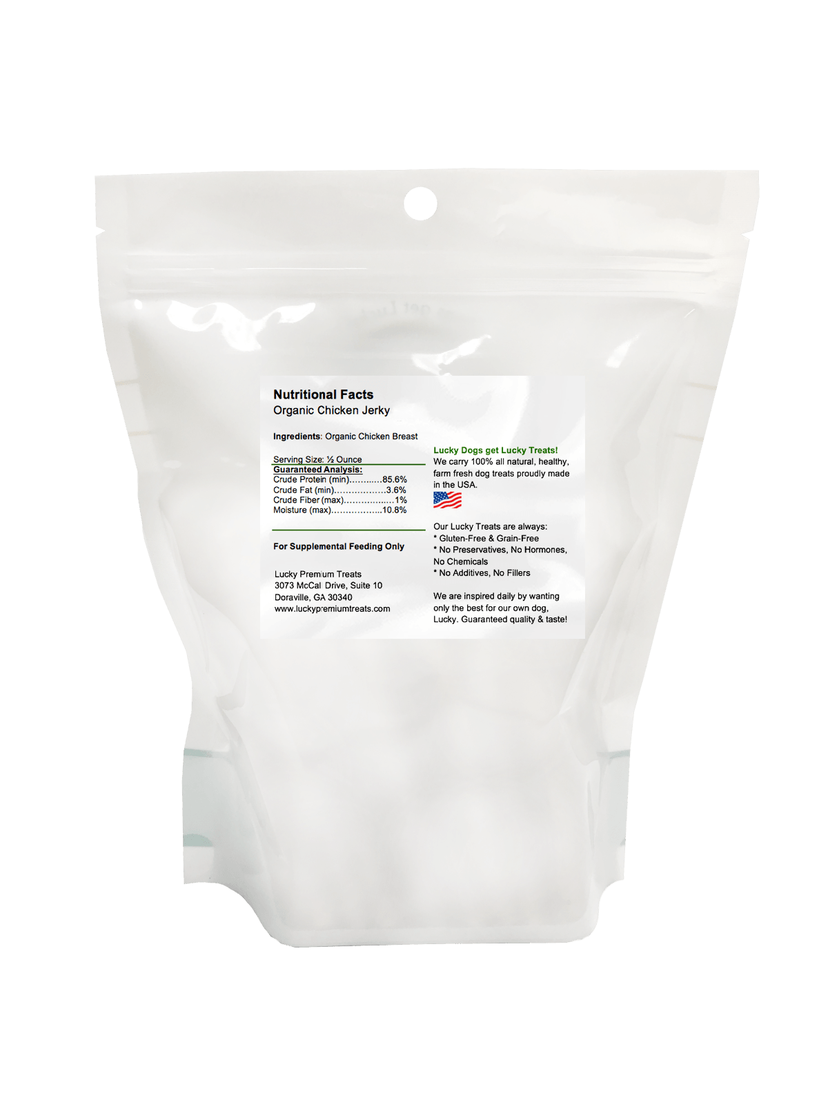 Lucky Premium Treats Dog Treats - Organic Chicken Jerky Fillets, Back of Bag