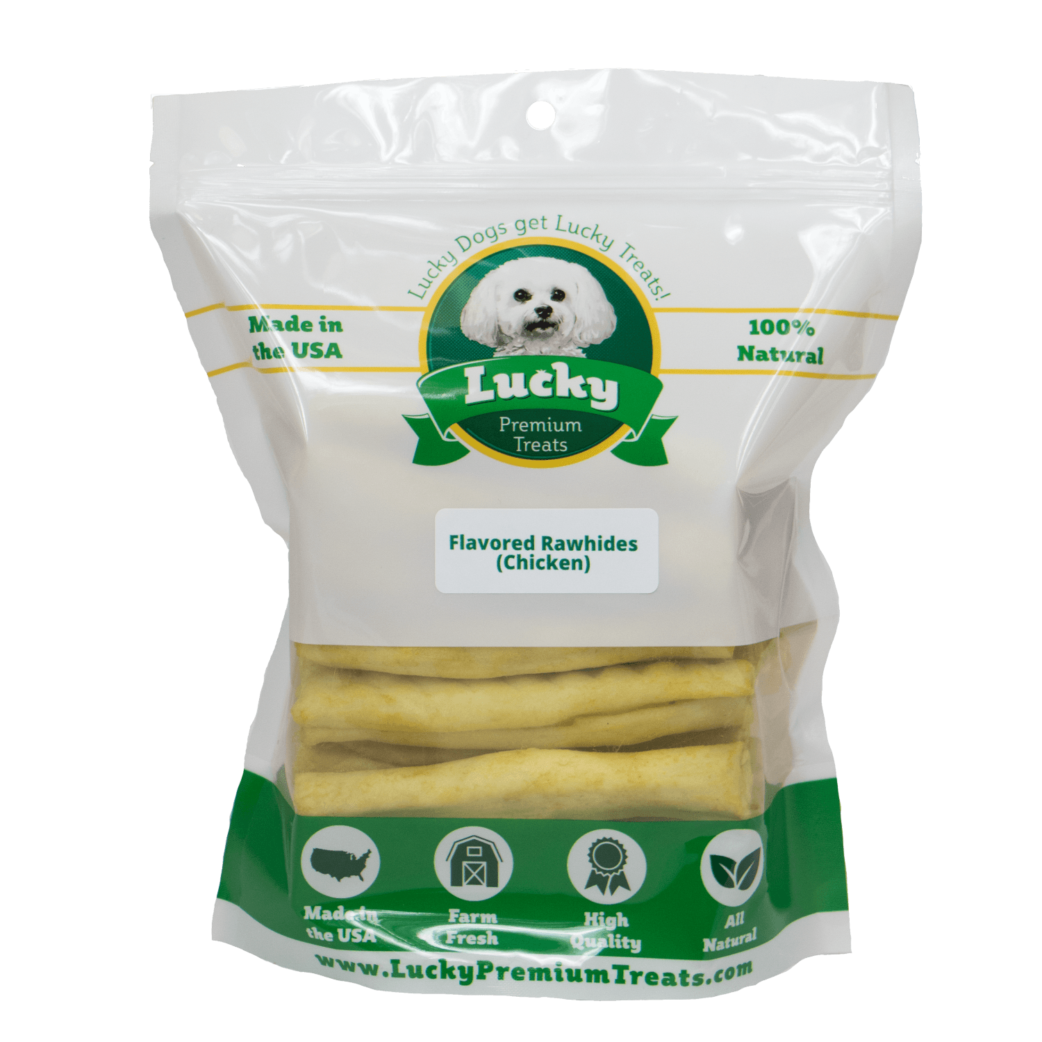 Lucky Premium Treats Chicken Flavor Basted Rawhide Dog Treats for Medium Dogs, Bag