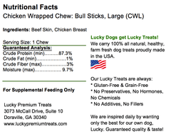 Chicken Wrapped Rawhide Bull Stick Dog Treats for Large Dogs, Nutrition Label