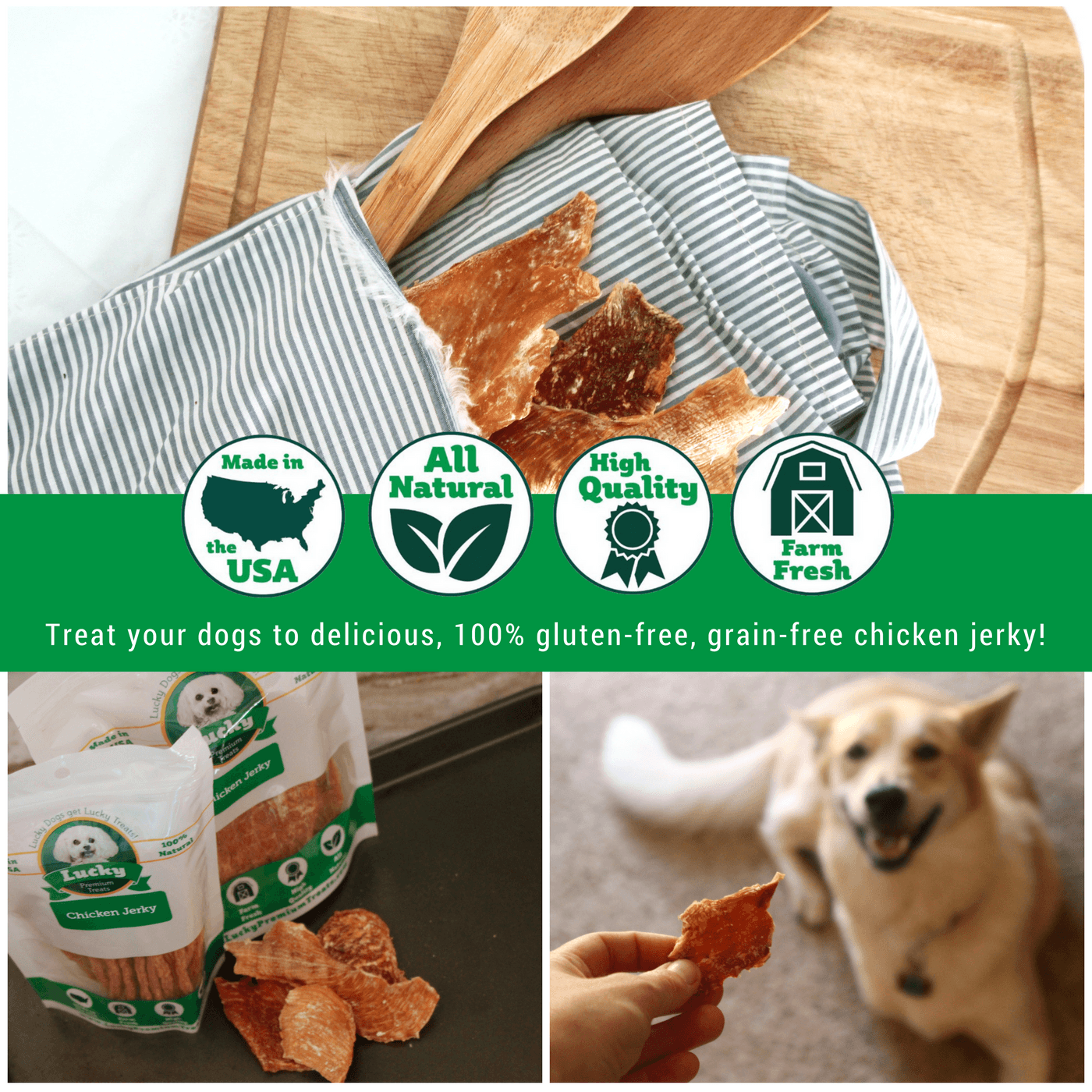 Lucky Premium Treats Dog Treats - Chicken Jerky Bits & Strips, Collage