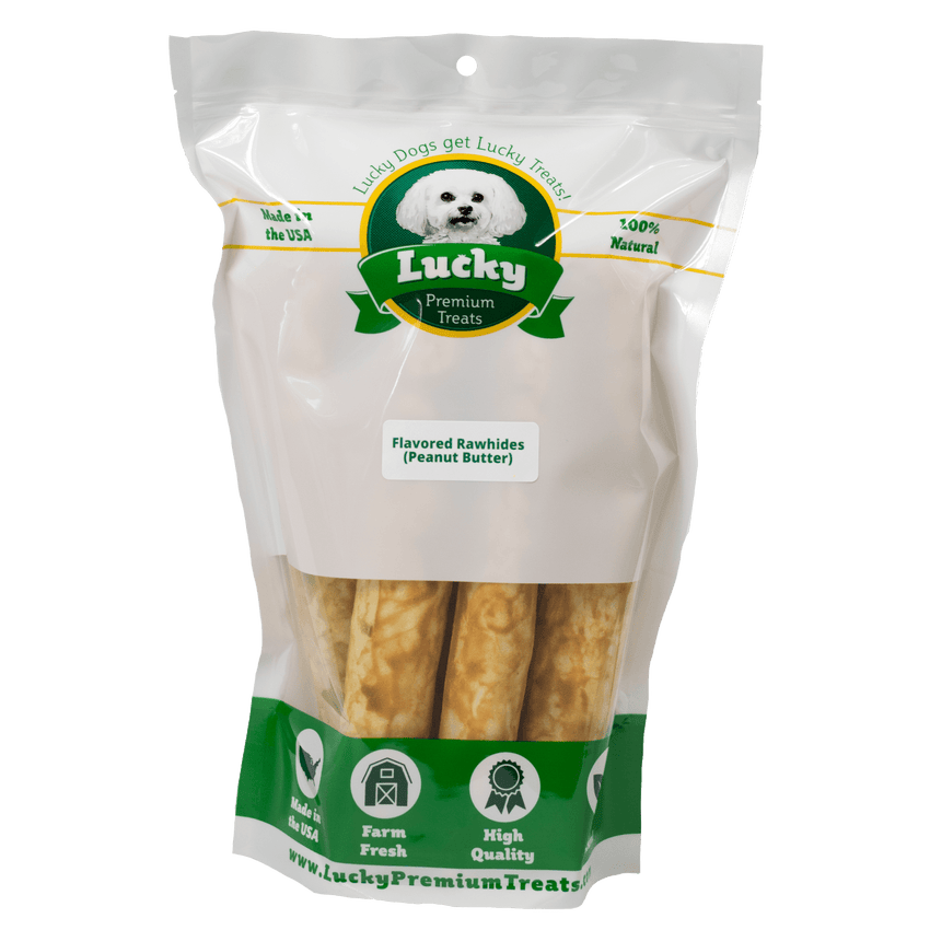 Lucky Premium Treats Peanut Butter Flavored Rawhide Bull Sticks Dog Treats for Large Dogs, Bag