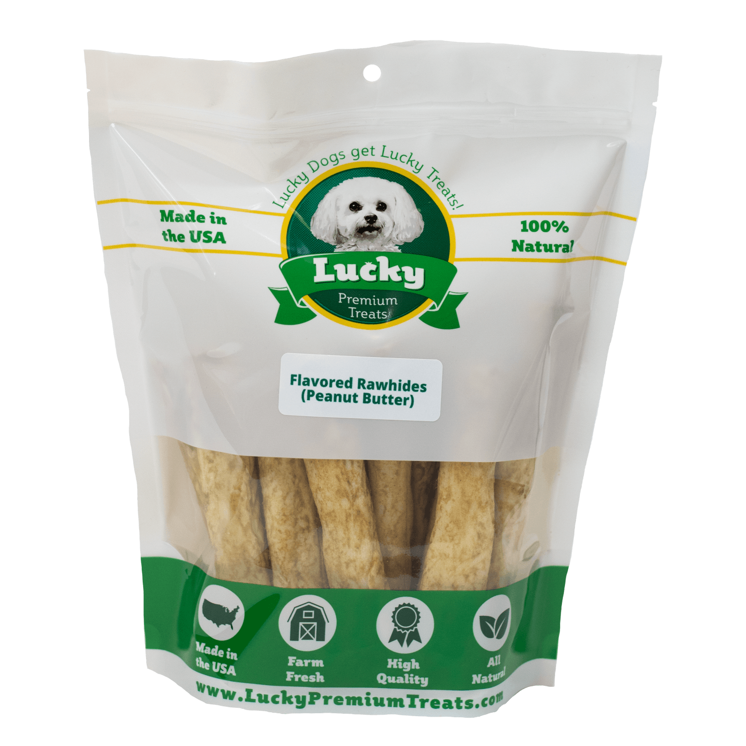 Lucky Premium Treats Peanut Butter Flavored Rawhide Dog Treats for Medium Dogs, Bag