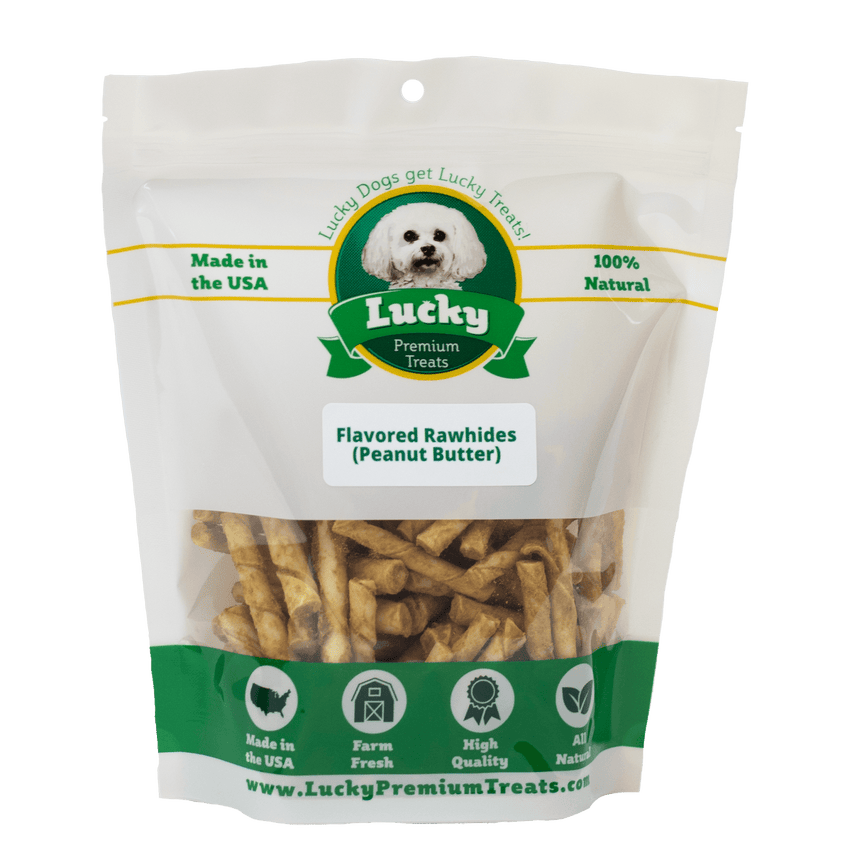 Lucky Premium Treats Peanut Butter Flavored Rawhide Dog Treats for Toy Size and Lap Dogs, Bag