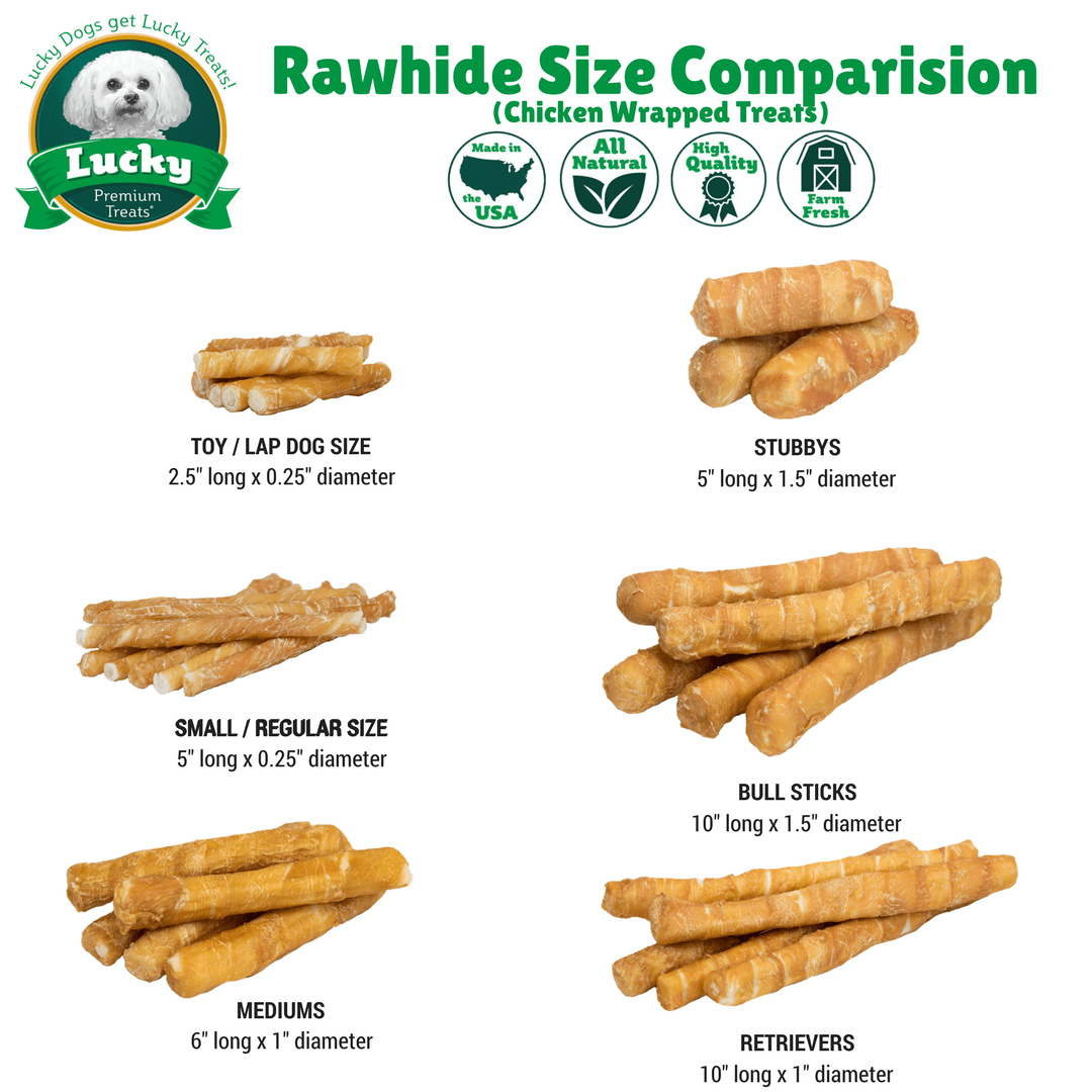 Lucky Premium Treats Chicken Wrapped Rawhide size comparison chart