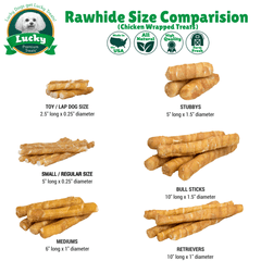 Lucky Premium Treats Chicken Wrapped Rawhide size comparison chart