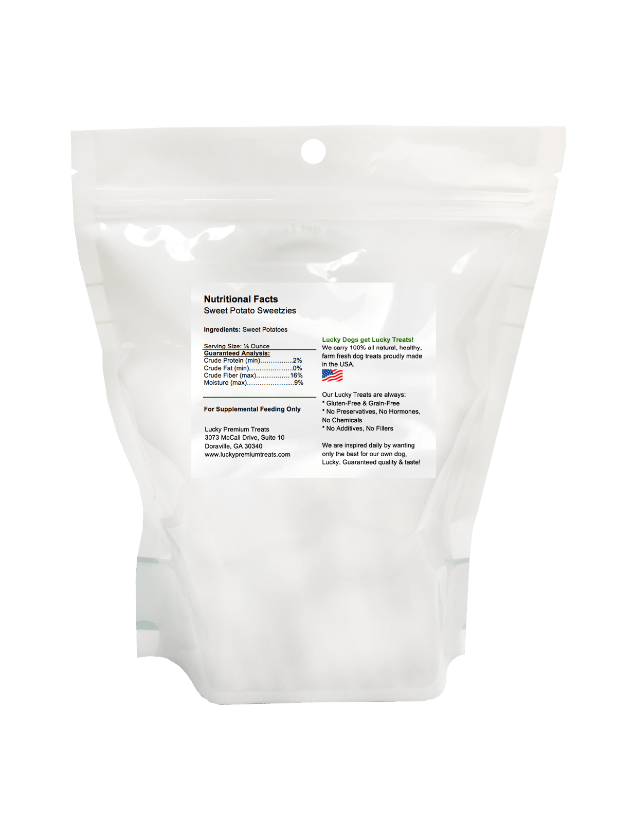 Lucky Premium Treats - Sweet Potato Sweetzies Dog Treats, Back of Bag